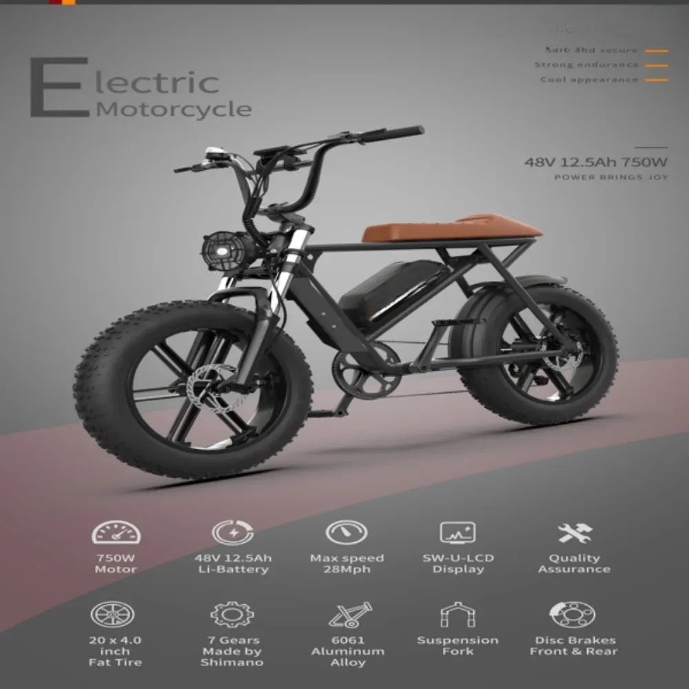 eBike Boys 750W Electric Bike | 28 MPH Fat Tire Cruiser | 48V 13Ah Lithium Battery | Aluminum Frame
