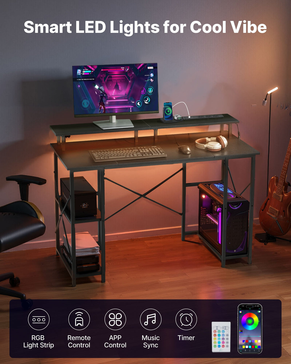Modern gaming desk setup with smart LED lights and computer equipment.