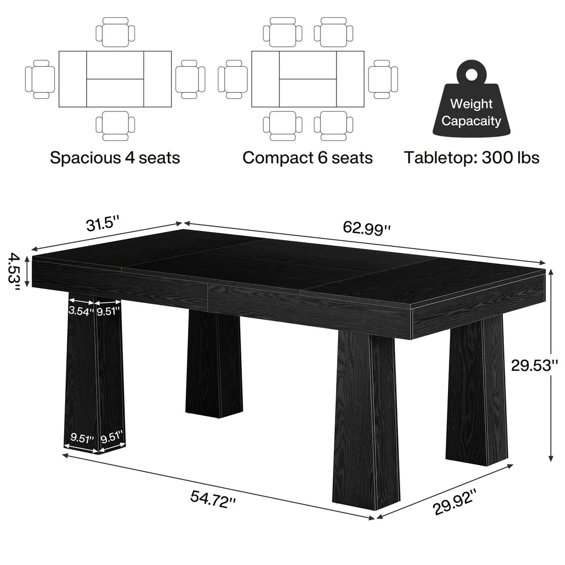 Black dining table with dimensions and capacity details 