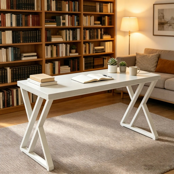 White desk in a home office with bookshelves and a lamp 