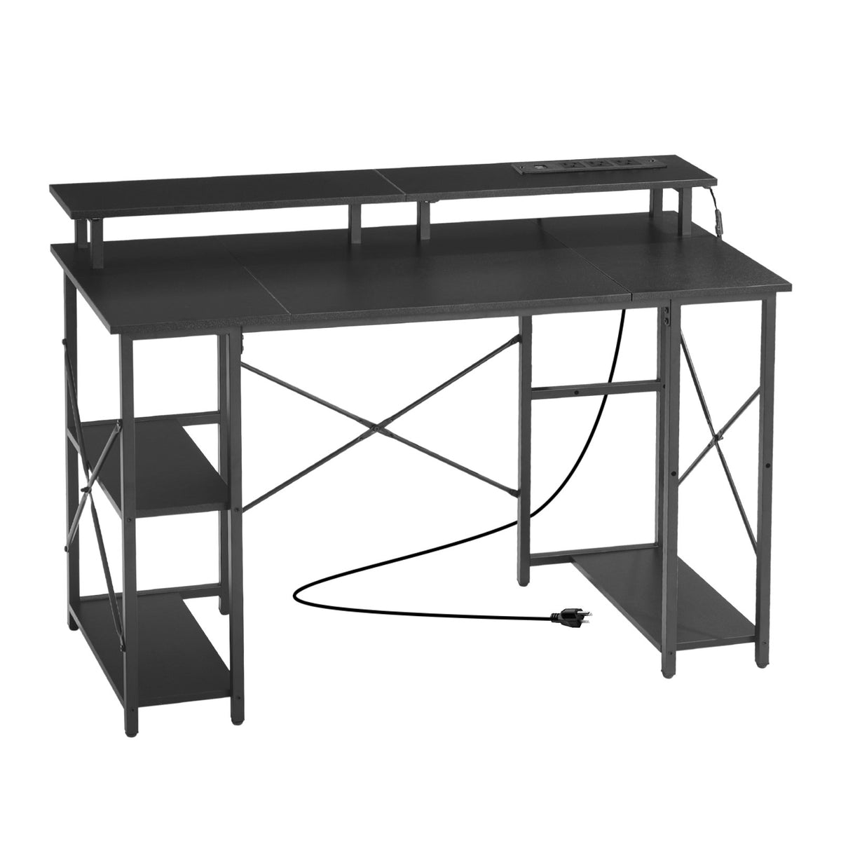 Black computer desk with shelves 
