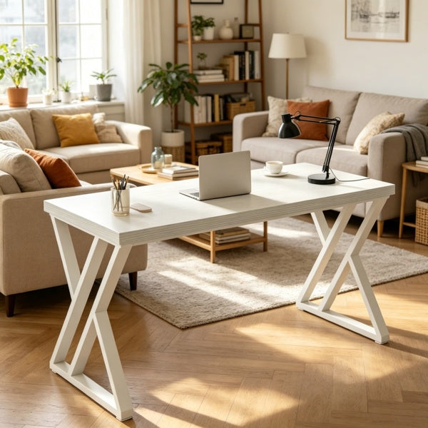 Modern living room with a white desk, laptop, and decor items.