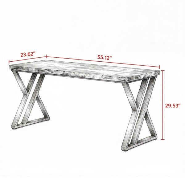 Table with marble-like top and metal X-shaped legs, shown with dimensions 