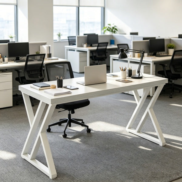 Modern office setup with white desks, black chairs, and office equipment.