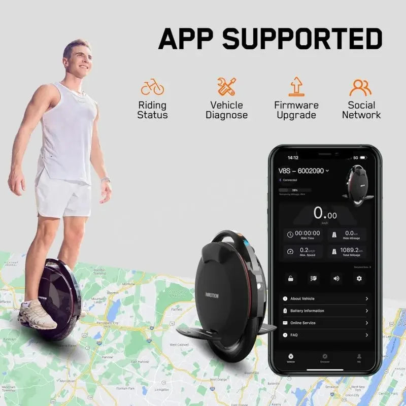 Original INMOTION V8S Electric Unicycle 35km/h Speed 70KM Range 72V 728Wh Battery 1000W Motor Smart  EUC Wheel