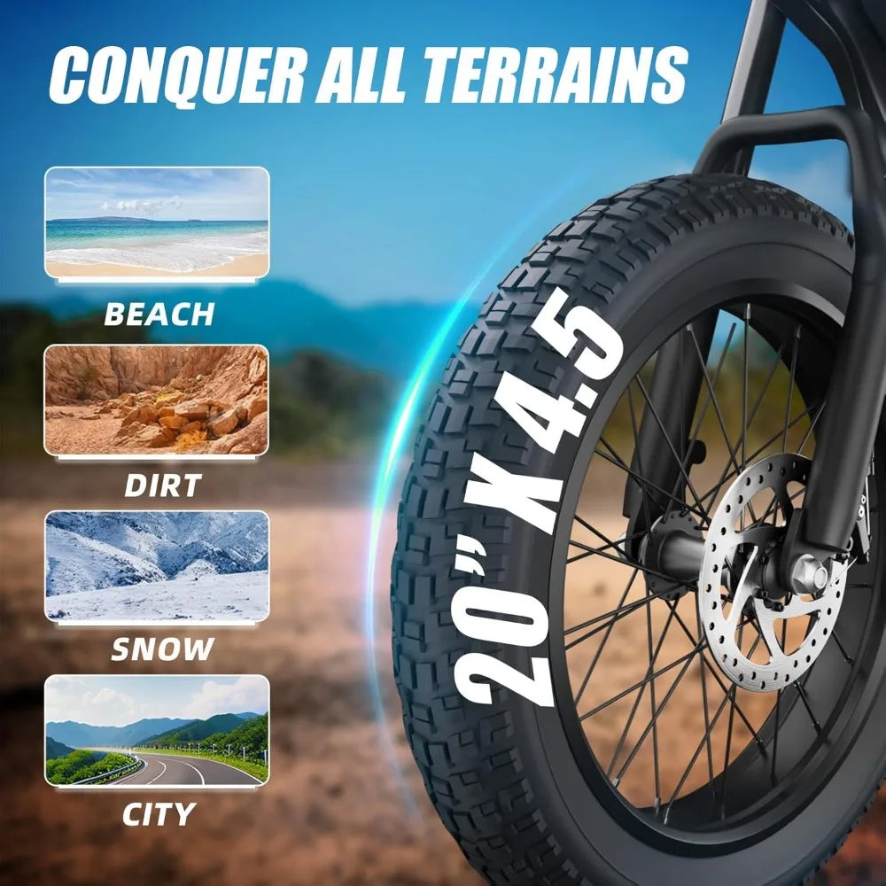 Motorcycle tire with tread pattern and text 'Conquer All Terrains' on a blurred background of different terrains.