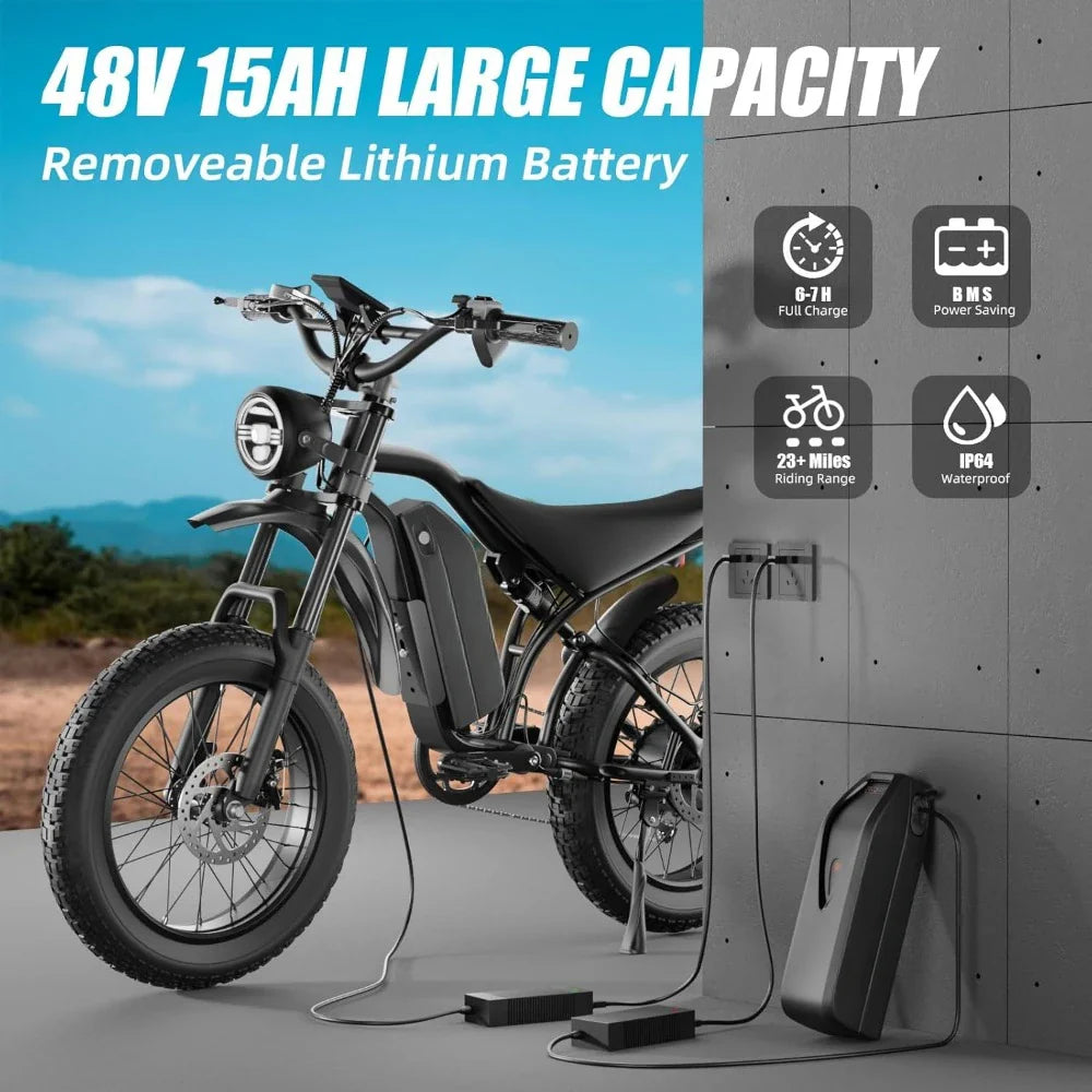 Electric bike with 48V 15AH large capacity lithium battery and charging station.