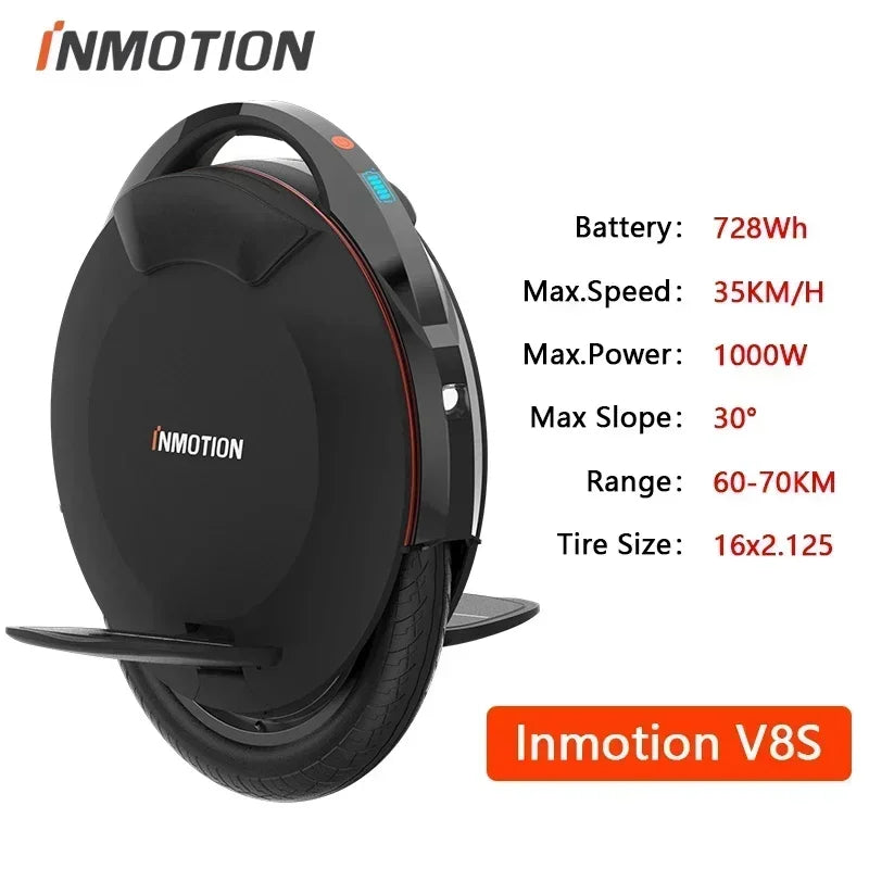 Original INMOTION V8S Electric Unicycle 35km/h Speed 70KM Range 72V 728Wh Battery 1000W Motor Smart  EUC Wheel