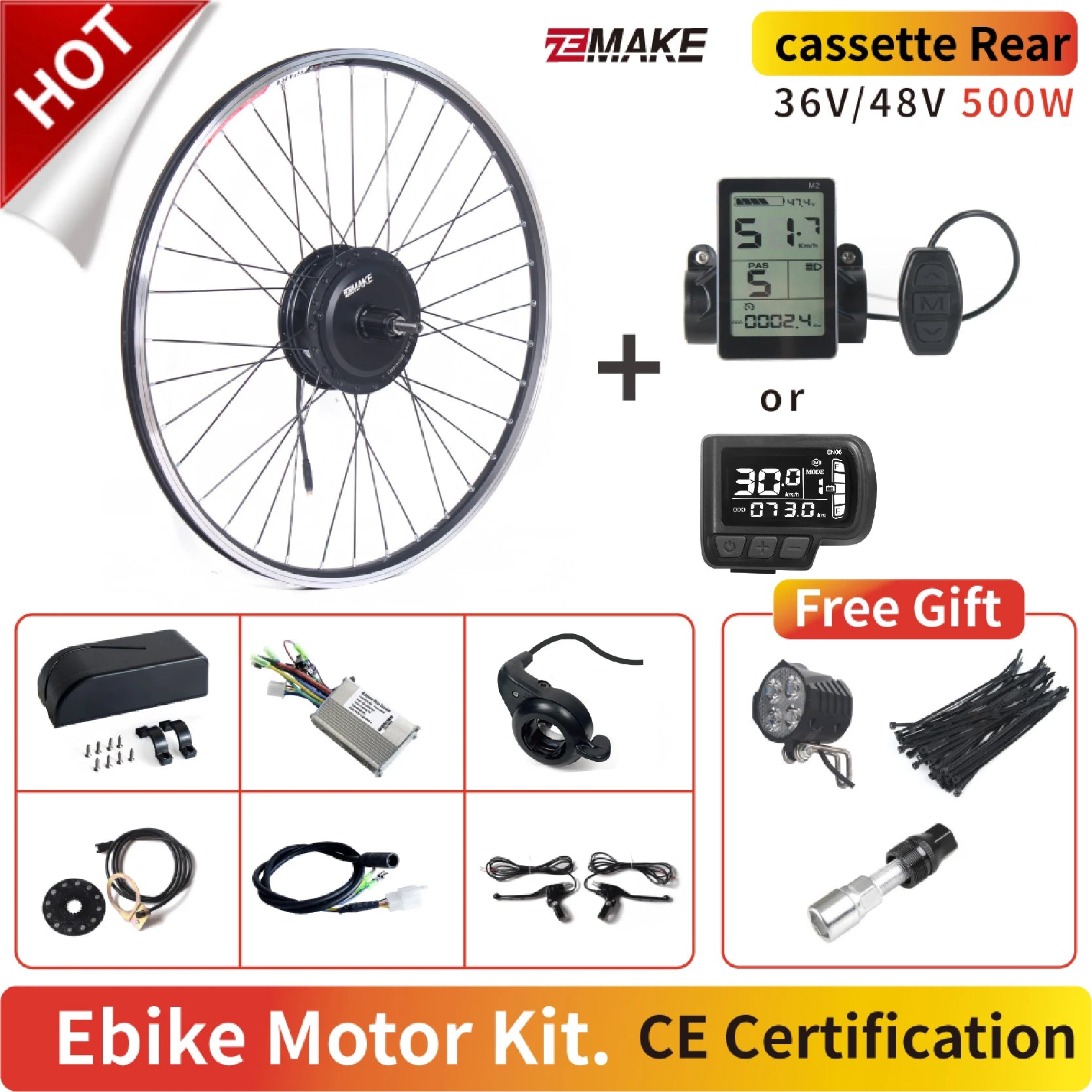 Ebike Motor Kit High Speed Brushless Gear Hub 36V 48V 350W 500W Electric Bike Conversion Front Cassette Rear With rim ZEMAKE