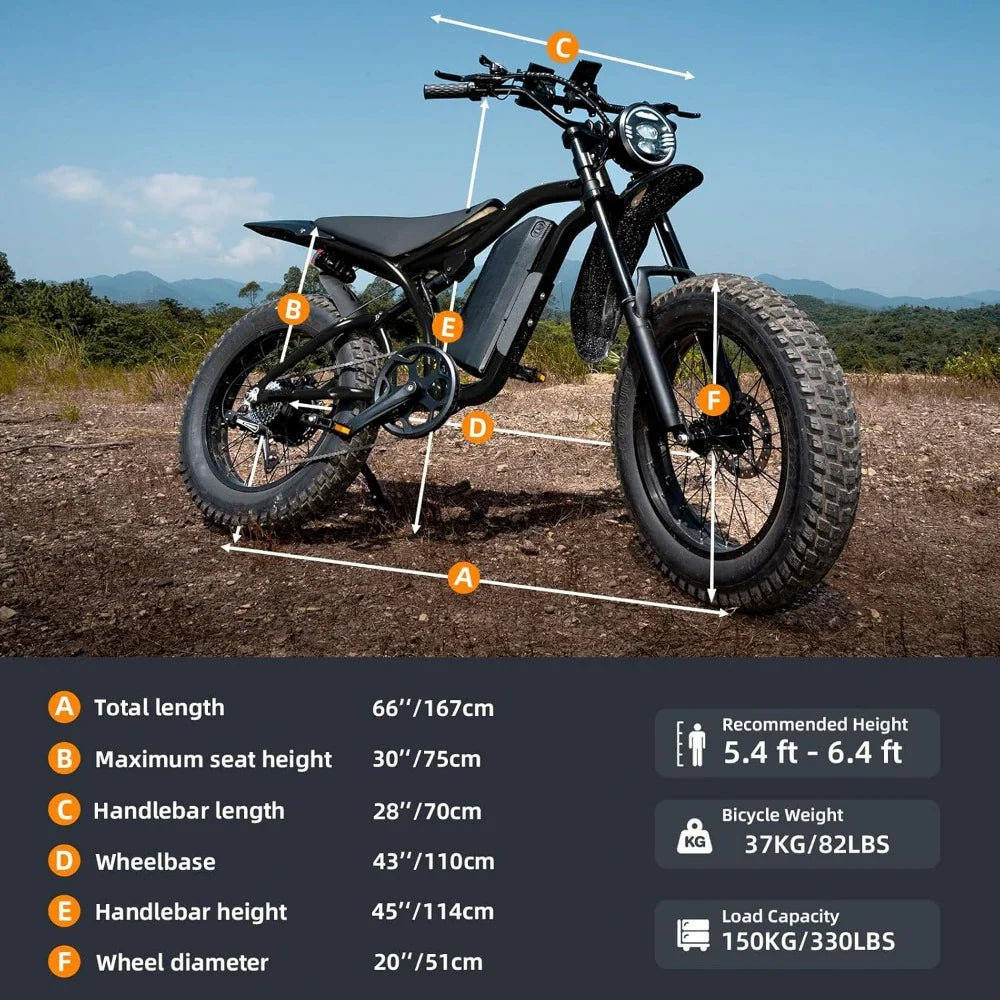 Electric bike with measurement labels and specifications on a natural background