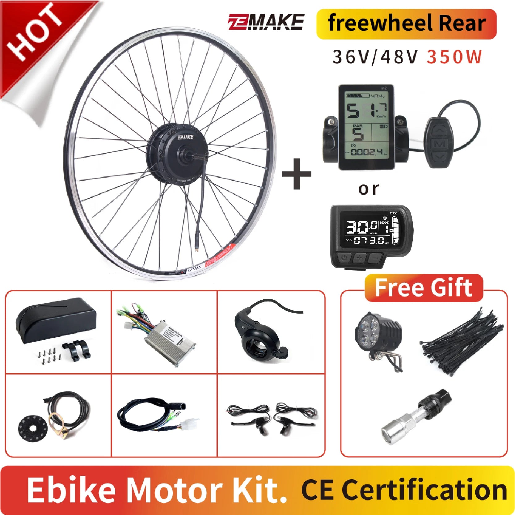 Ebike Motor Kit High Speed Brushless Gear Hub 36V 48V 350W 500W Electric Bike Conversion Front Cassette Rear With rim ZEMAKE