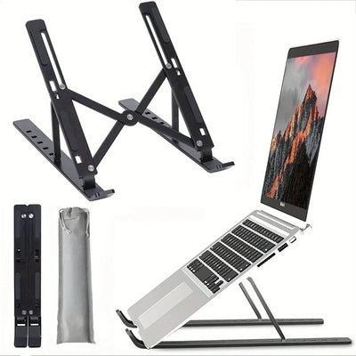 Laptop stand with adjustable legs and a laptop on top displaying a mountain scene.