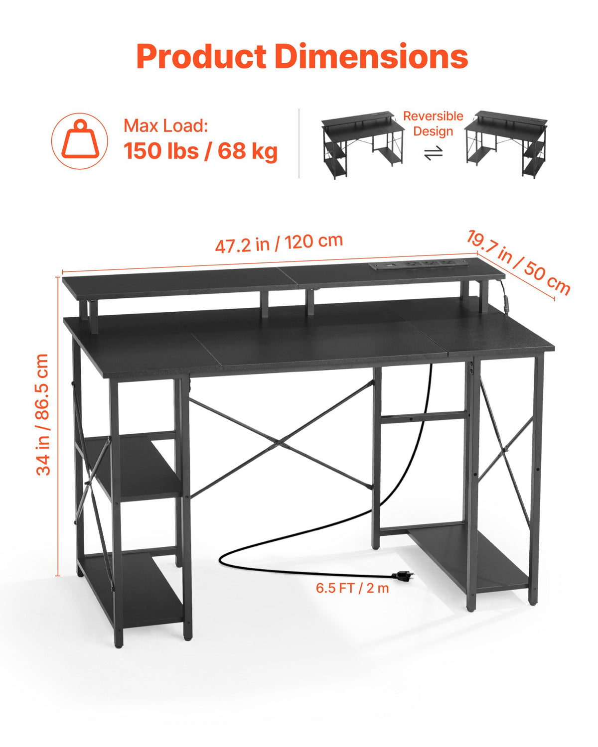 Black desk with dimensions and product details 