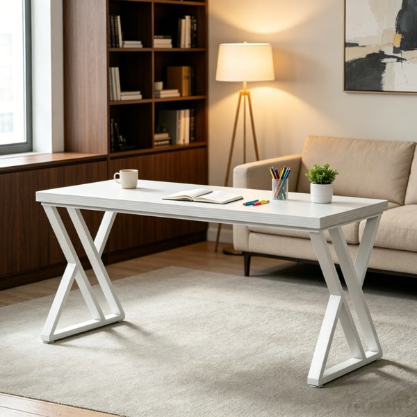 Modern home office with a white desk, lamp, and bookshelf.